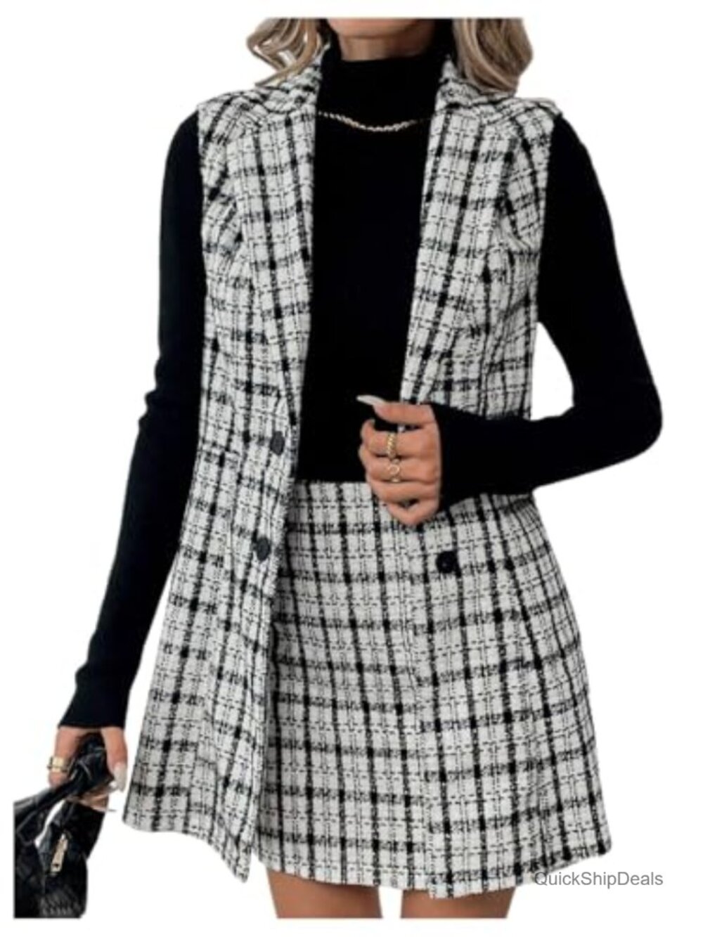 Floerns Women's Plaid Print Lapel Neck Vest Blazer and Skirt Set Workwear Suit